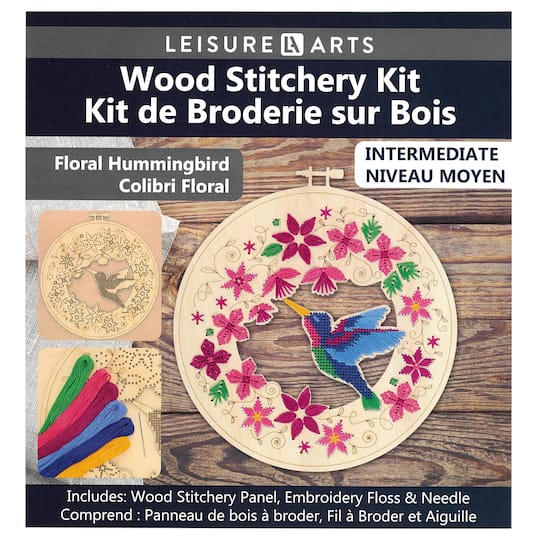 Leisure Arts&#xAE; Intermediate Floral Hummingbird Wood Stitchery Kit